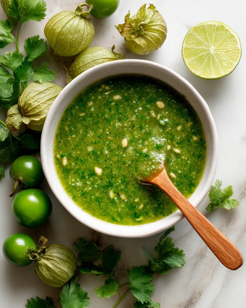 A white bowl filled with a thick green sauce containing visible seeds and small bits of herbs, with a wooden spoon resting inside it, partially covered by the sauce, sitting on a white marbled surface. Surrounding the bowl are fresh tomatillos with their papery husks partially open, bright green leafy cilantro, and a halved lime with a light green juicy interior positioned near the top right of the bowl. The textures show a mix of smooth and chunky elements with vibrant green shades. Photo taken with an iphone --ar 4:5 --v 7