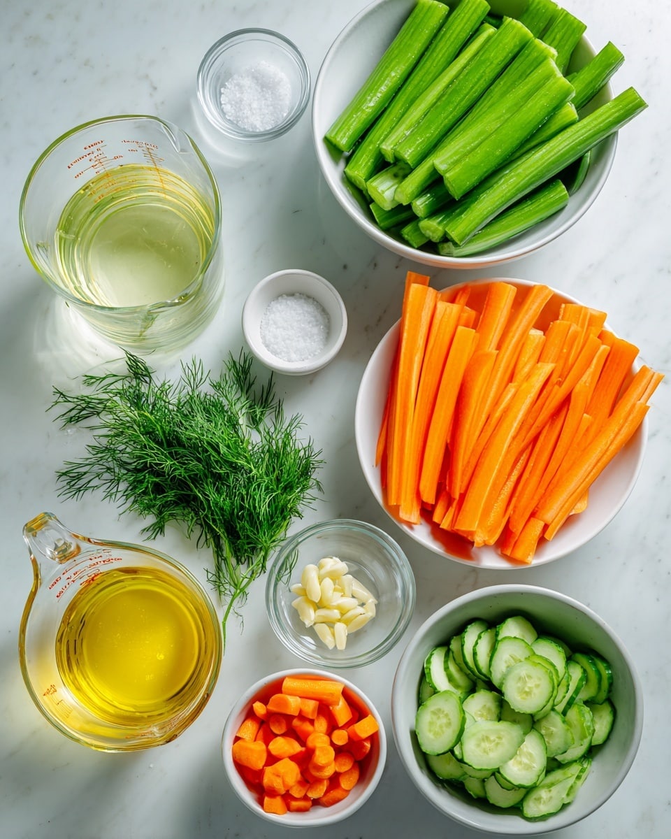 The image shows several small white bowls and two clear glass measuring jugs arranged neatly on a white marbled surface. There is one large white bowl filled with long green cucumber sticks placed in the upper right and another large white bowl filled with long bright orange carrot sticks to its right. A small white bowl filled with sliced round cucumber pieces is positioned at the bottom right. A small white bowl containing chopped garlic sits near the center bottom, next to a small white bowl of fresh green dill. Nearby, a small white bowl contains round carrot slices. Two clear glass measuring jugs, one holding water and the other a yellow liquid, are placed on the left side. A small clear bowl with salt is at center top. The arrangement is bright and fresh, with strong color contrast, photo taken with an iphone --ar 4:5 --v 7