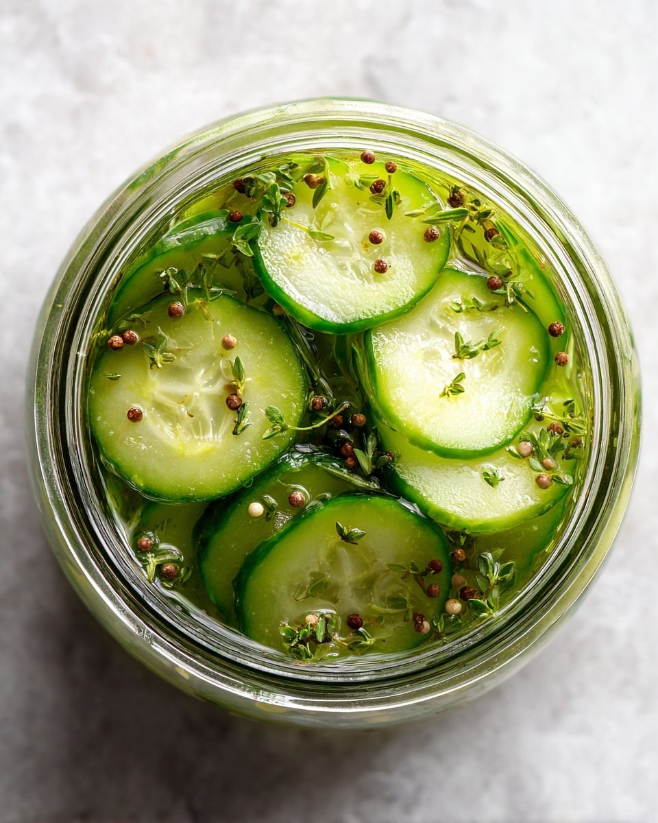 The image shows a close-up top view of a glass jar filled with thinly sliced green cucumber rounds, floating in a clear liquid. Inside the jar, there are small brown round seeds and fine green herb pieces scattered throughout. The cucumber slices have a smooth, slightly wet texture, and the liquid looks fresh and light, slightly reflecting light from above. The background is a white marbled texture. photo taken with an iphone --ar 4:5 --v 7