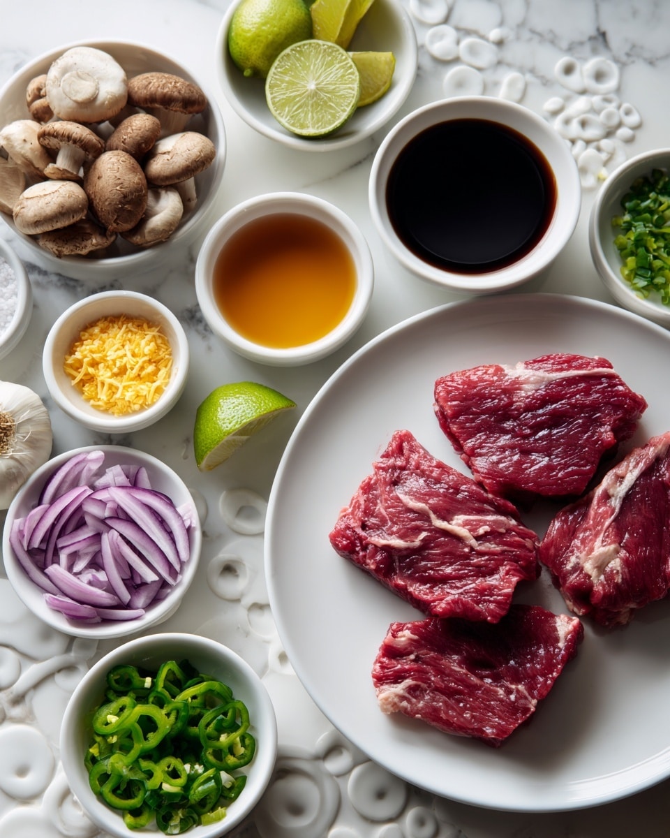 A white plate holds two raw red meat slices with white fat edges, placed in the center. Around the plate, small white bowls contain lime wedges, green chopped herbs, light brown mushrooms, green peppers, and purple-red onion pieces. Other bowls hold dark soy sauce, sliced garlic, light brown sauce, small bits of yellow ginger, salt, and a light clear liquid. The setup is on a white marbled surface with round embossed patterns. photo taken with an iphone --ar 4:5 --v 7