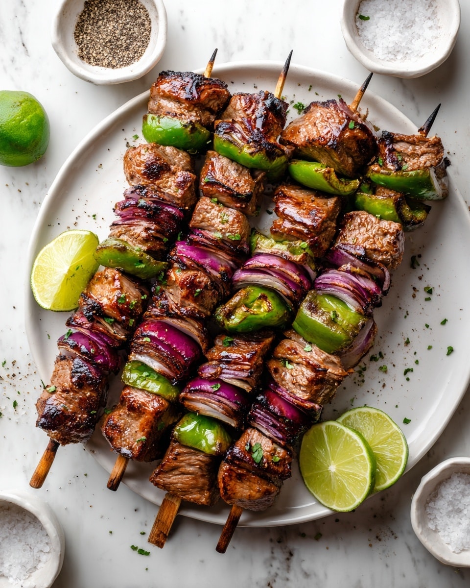 The image shows five skewers of grilled meat and vegetables laid side by side on a white plate placed on a white marbled surface. Each skewer has layers starting with large pieces of brown grilled meat with slight charring, separated by slices of green bell pepper and purple onions. The skewers are arranged with the pointed ends away from the viewer and the wooden handles closer in the front. Around the plate, there are lime wedges adding a fresh touch and two small white ceramic bowls filled with coarse salt and black pepper. The overall look is rustic and appetizing with clear grill marks and vibrant colors. photo taken with an iphone --ar 4:5 --v 7