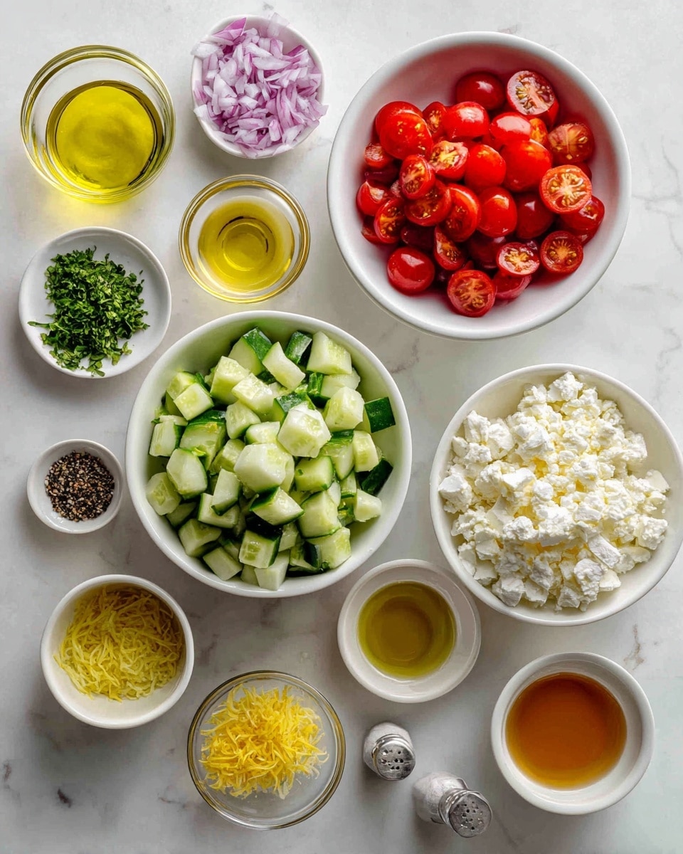 The image shows an overhead view of various fresh ingredients arranged neatly on a white marbled surface, each in its own white bowl or small dish. The largest bowl, near the bottom center, holds chopped cucumber pieces that are pale green with dark green edges. Above it to the right is a white bowl filled with halved red cherry tomatoes, showing their juicy interiors. To the right of the cucumbers is a bowl of crumbly white cheese. Around these main bowls are smaller dishes: one with thinly sliced red onion, another with chopped green herbs, a dish of bright yellow lemon zest, and a small bowl of mustard. Three clear glass bowls contain liquids in golden yellow, pale yellow, and reddish colors. There are also small bowls containing black pepper and salt beside tiny glass shakers. The ingredients are well spaced and the scene has a clean and fresh look overall. Photo taken with an iphone --ar 4:5 --v 7