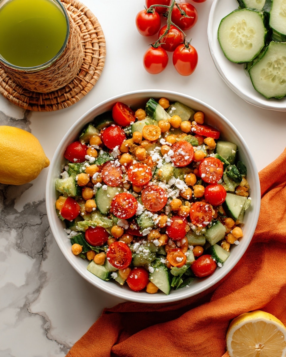 A white bowl filled with a fresh salad showing three main layers: chopped green cucumber pieces as the base, halved red cherry tomatoes scattered evenly on top, and light beige chickpeas mixed throughout, all sprinkled with small white crumbles of cheese. The bowl is placed on a white marbled surface with a folded orange cloth nearby. In the background, there is a white plate holding sliced cucumber and a bunch of small red tomatoes on the vine. Next to the bowl, there is a glass of green liquid in a woven holder and a half lemon with a bright yellow interior. Photo taken with an iphone --ar 4:5 --v 7