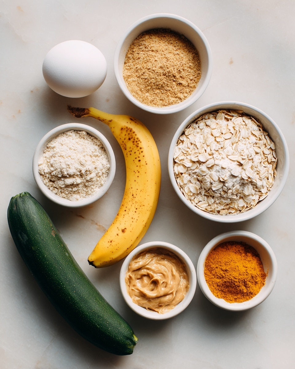 The image shows seven cooking ingredients laid out on a white marbled surface. There is one white egg placed near the top left. Next to it is a small white bowl filled with light brown powder, likely a spice or seasoning. Below that is a larger white bowl filled with pale rolled oats, textured and layered evenly. In the center lies a ripe yellow banana with brown spots. To the right of the banana is a long, dark green cucumber with a smooth texture. Above the cucumber is a medium-sized white bowl filled with fine, light beige flour. To the right of the flour is a small white bowl holding a bright orange spice powder, likely turmeric or cinnamon. Lastly, at the bottom right, there is a small white bowl containing a creamy light brown paste, possibly nut butter. All the items are evenly spaced on the white marbled surface. Photo taken with an iphone --ar 4:5 --v 7