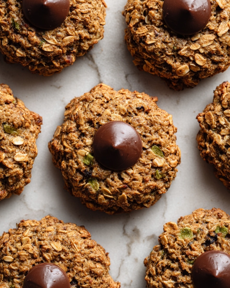 The image shows a close-up view of round oatmeal cookies on a white marbled surface. Each cookie has a rough texture with visible oats and small green pieces mixed throughout, topped with one smooth, shiny dark brown chocolate chip in the center. The cookies are placed randomly but close to each other, showing their uneven, chunky shapes and the mix of textures from the oats and chocolate. The lighting is soft and natural, highlighting the varied brown and green colors in the cookies. photo taken with an iphone --ar 4:5 --v 7