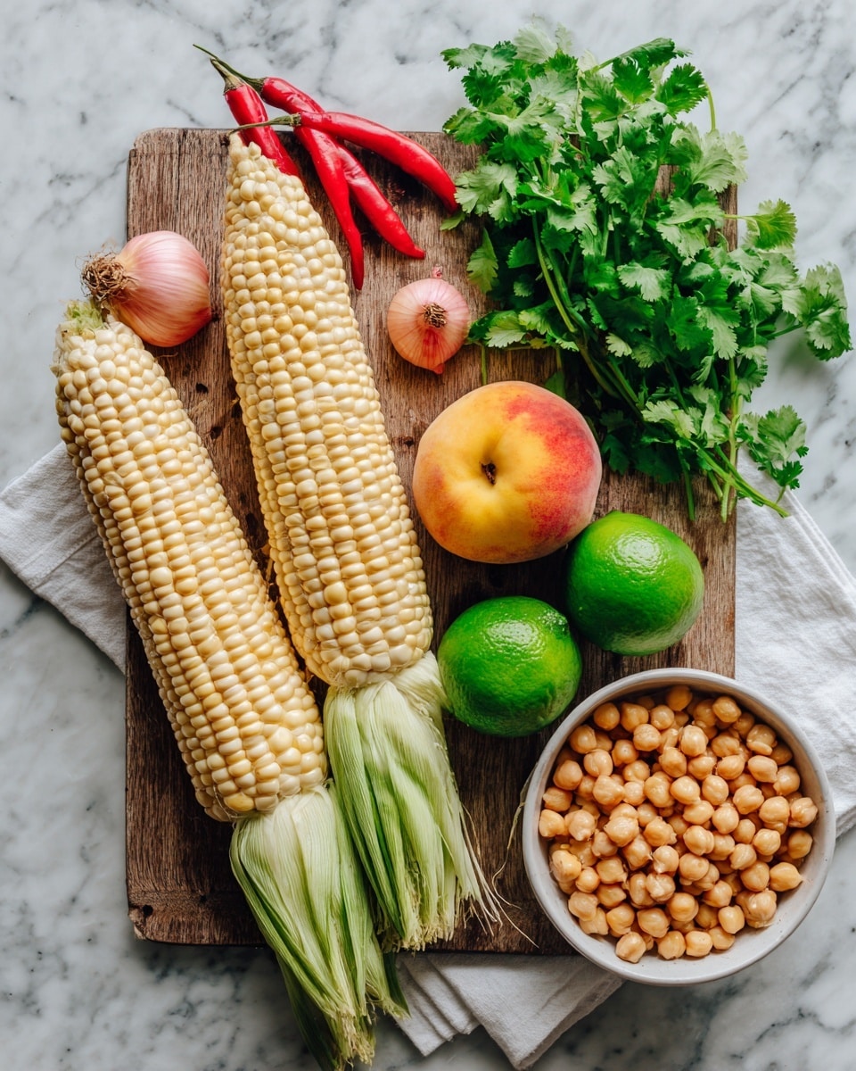 On a wooden board placed on a white marbled surface, two ears of corn with pale yellow kernels and light green husks stand upright side by side. Around the board are fresh ingredients including two bright green limes, two red chili peppers with smooth shiny skin, a knot of pink shallot, a single small white garlic clove, and two round yellow peaches with red blush spots. To the right of the board sits a white bowl filled with light brown chickpeas that have a slightly matte texture. Beside the board on a white paper towel rests a bunch of fresh bright green cilantro leaves with delicate stems. photo taken with an iphone --ar 4:5 --v 7