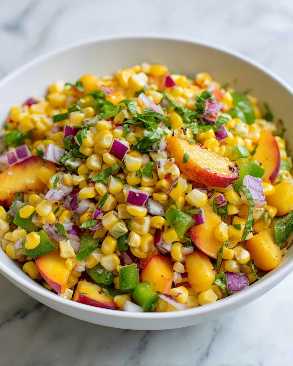 A close-up view of a white bowl filled with a colorful corn salad placed on a white marbled surface. The salad has three main layers of ingredients: bright yellow corn kernels spread all over, small pieces of red onion diced into cubes adding purple accents, and chunks of green bell peppers scattered unevenly. Among these, there are also small peach or nectarine pieces with a red and orange color. The salad is mixed lightly, showing the fresh and juicy textures of each ingredient. photo taken with an iphone --ar 4:5 --v 7