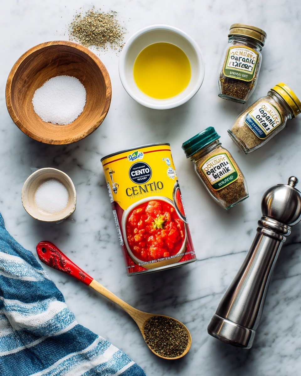 The image shows a can of Cento crushed tomatoes in the center with a bright yellow and red label. Around the can, on a white marbled surface, are small containers and jars of various spices and ingredients: a small wooden bowl with salt and a spoon with a red handle, a cup of olive oil with a golden-yellow color, a small white bowl with sugar, and three spice jars positioned horizontally showing labels for organic oregano, garlic powder, and organic basil, all with green caps and green or black and tan labels. A metal pepper grinder is on the right side, and a blue and white striped cloth is partially visible under some of the items. The photo taken with an iphone --ar 4:5 --v 7