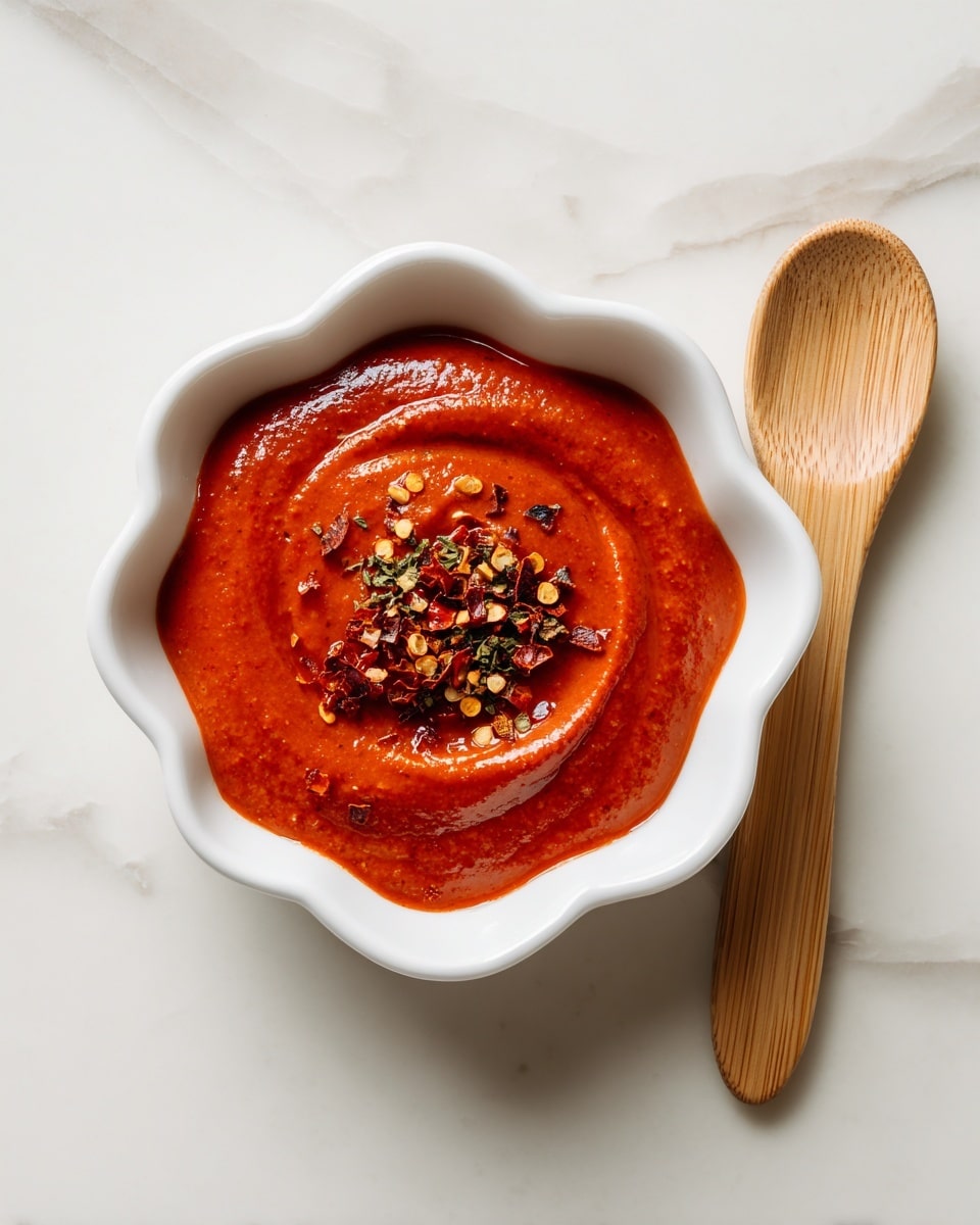 A white flower-shaped bowl holds a thick, bright red sauce with a smooth texture, swirled neatly in the center. On top, there is a small pile of mixed spices including red flakes and herbs, adding some contrast. The bowl is placed on a white marbled surface, next to a light wooden spoon with a round head. The spoon lies flat, parallel to the bowl. photo taken with an iphone --ar 4:5 --v 7