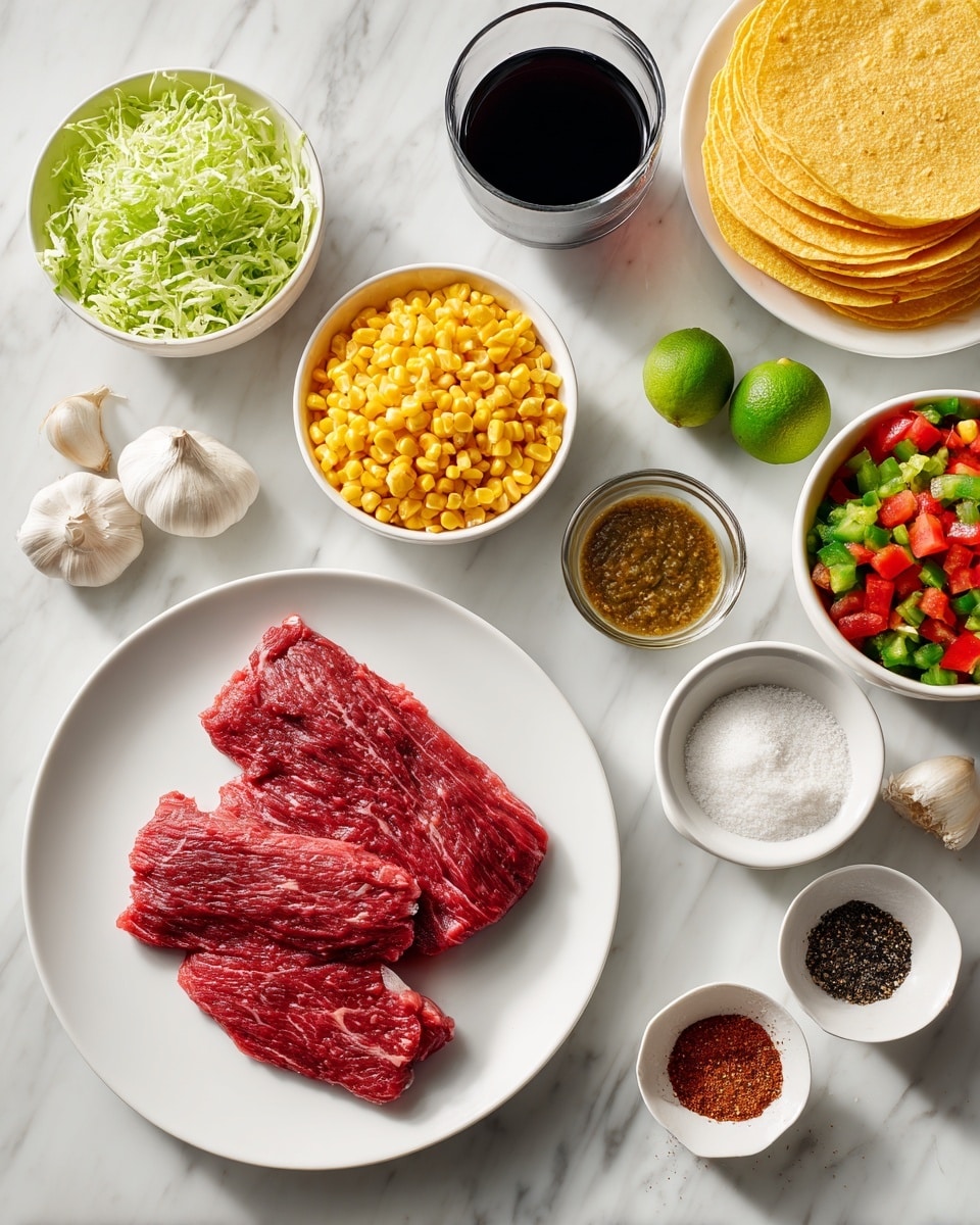 The image shows a top view of several white bowls and a white plate arranged on a white marbled surface. The white plate in the center holds two raw pieces of red meat with visible marbling. Surrounding this plate, there are seven white bowls: one with shredded green lettuce, one with bright yellow corn tortillas stacked neatly, one with a colorful mix of corn, diced red tomatoes, and green peppers, one small bowl with a brownish-green sauce, another small bowl with white granulated cheese, a small bowl containing two whole green limes, two cloves of garlic, and small piles of black pepper and salt, and a final bowl with several ground spices in shades of dark red, brown, and black. There is also a glass cup filled with a very dark liquid. The scene is clean, bright, and organized. photo taken with an iphone --ar 4:5 --v 7