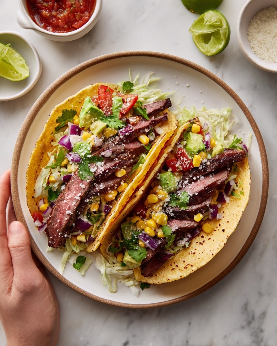 Two tacos sit side by side on a round white plate with a thin brown rim, placed on a white marbled surface. Each taco has two soft, slightly charred corn tortillas folded to hold layered fillings. At the bottom, there's a layer of shredded pale green cabbage. On top of the cabbage, there are slices of grilled reddish-brown steak, arranged lengthwise. Scattered over the steak are bright yellow corn kernels, small red cherry tomato halves, finely chopped red onions, and diced green avocado. The tacos are sprinkled with white grated cheese and tiny green cilantro leaves. In the background, a woman's hand holds a lime wedge ready to squeeze, alongside small white bowls containing salsa and sauce. Photo taken with an iphone --ar 4:5 --v 7
