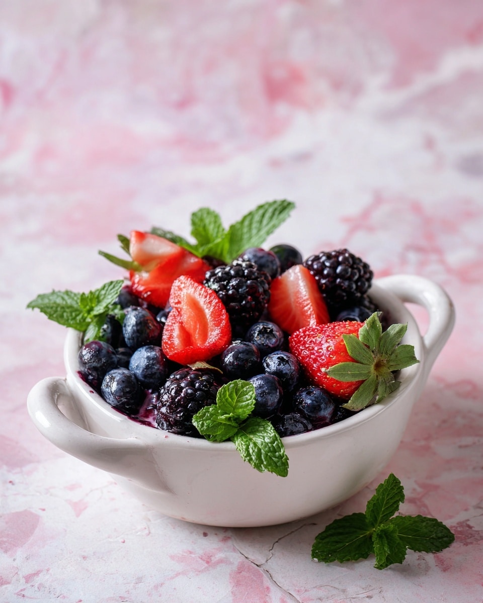 A white bowl with two handles is filled with a colorful mix of fresh berries and mint leaves. The bottom layer is glossy dark blueberries scattered all over. On top, there are large, bright red strawberry quarters, some cut to show their juicy inside. Among the strawberries, there are plump blackberries with a textured surface. Fresh green mint leaves are spread evenly across the berries, adding bright green spots to the mix. All of this sits on a soft pink tiled surface with a white marbled texture background. photo taken with an iphone --ar 4:5 --v 7