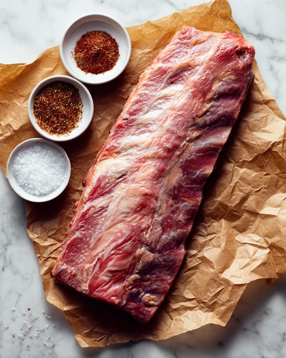 A long raw rack of ribs with pink and white fat marbling sits on crumpled brown parchment paper, placed on a white marbled surface. To the left, three small white bowls hold different seasonings: one contains a reddish-brown dry rub, another holds white salt, and the last is empty. The ribs are positioned vertically with the meaty side facing up, showing the texture of the meat and fat clearly. photo taken with an iphone --ar 4:5 --v 7