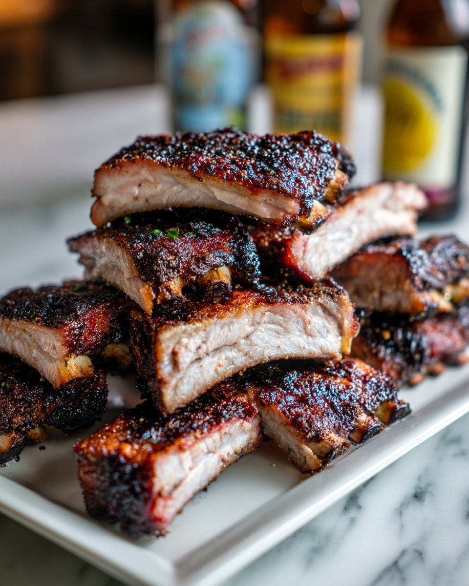 The image shows a white rectangular plate with a stack of grilled ribs. The ribs have a dark brown, almost blackened, crispy outer layer with a slightly charred texture. The inside of the ribs is light pinkish-white and looks tender and juicy. The ribs are arranged in a messy pile with some pieces overlapping. In the background, there are two blurred beer bottles with partially visible labels, all set on a white marbled surface. Photo taken with an iphone --ar 4:5 --v 7