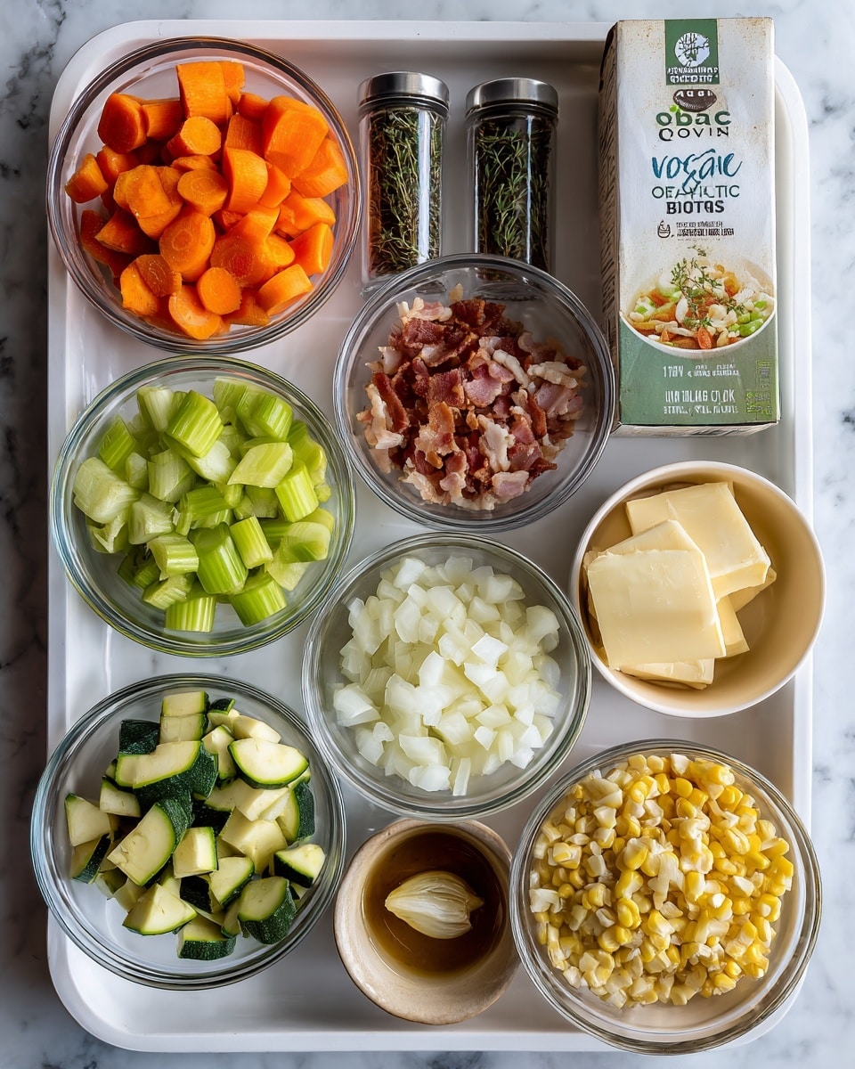The image shows a white tray with several clear glass bowls containing chopped ingredients arranged neatly around a carton of Pacific Foods organic vegetable broth. In the top row, from left to right, there are bright orange chopped carrots, light green chopped celery, and two small spice jars labeled thyme and bay leaves. Below the spices is a small bowl of chopped bacon, next to a bowl of light green chopped zucchini, and a bowl of yellow corn kernels at the bottom right. In the middle row, from left to right, there is a bowl filled with white chopped onions, a small bowl of minced garlic, a bowl of chopped potatoes, and a small yellowish package of organic pasteurized butter in the center. The background is white with a marbled texture. photo taken with an iphone --ar 4:5 --v 7
