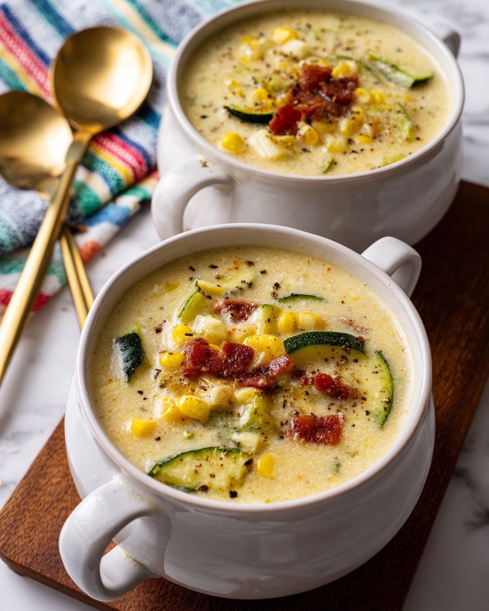 Two white bowls filled with thick creamy soup that has a light yellow color. The soup has visible pieces of yellow corn, green celery, dark green zucchini slices, and small bits of reddish-brown bacon, with some black pepper sprinkled on top. Each bowl has a handle and is placed on a dark wooden board, next to two shiny gold spoons. The background is a white marbled surface with a colorful striped cloth partially visible near the top edge. photo taken with an iphone --ar 4:5 --v 7