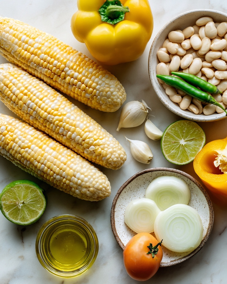 The image shows fresh vegetables and beans arranged on a white marbled surface. There are three ears of corn with pale yellow and white kernels on the left side. Behind them, a whole yellow bell pepper sits close to a white bowl filled with pale beige beans and two halves of a green chili pepper on top. In front of the bowl, slices of white onion and cloves of garlic are placed inside a small white dish with a brown edge. Two lime halves with a light green interior and a round orange tomato with a green stem are placed nearby. There is also a yellow bell pepper sliced in half showing the interior seeds. A small glass jar with some oil sits in the corner. The colors are bright with a fresh, natural look, and the overall composition is neat. photo taken with an iphone --ar 4:5 --v 7