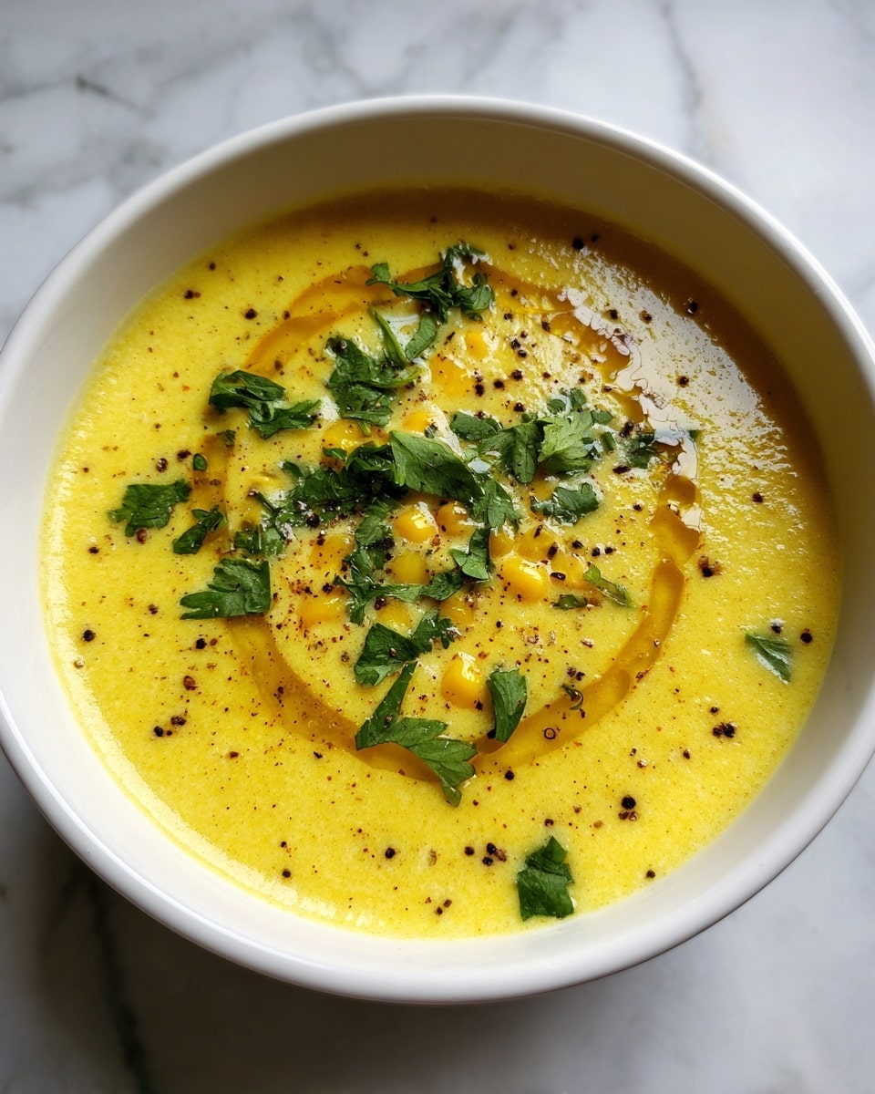 A white bowl filled with smooth yellow corn soup, topped with a swirl of golden oil. On the soup surface, there are small bright yellow corn pieces and fresh green cilantro leaves scattered evenly. Black pepper specks are lightly sprinkled across, adding texture and contrast. The bowl is placed on a white marbled surface. Photo taken with an iphone --ar 4:5 --v 7