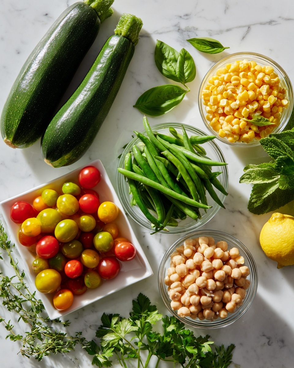 The image shows an arrangement of fresh vegetables and herbs placed on a white marbled surface. At the top, there are two whole zucchinis with a dark green, smooth skin. Below them, three green basil leaves are scattered. On the right side, there are three glass bowls: the top bowl is filled with bright yellow corn kernels, the middle bowl holds fresh green beans with a smooth texture, and the bottom bowl contains light beige chickpeas. To the left of the green beans, there is a white square dish filled with small, round cherry tomatoes in red and yellow colors. Various green herbs, including parsley and small sprigs, are spread near the bottom of the image along with a halved lemon showing its pale yellow interior next to a whole lemon. The scene is bright and fresh, with a clean, organized look. photo taken with an iphone --ar 4:5 --v 7