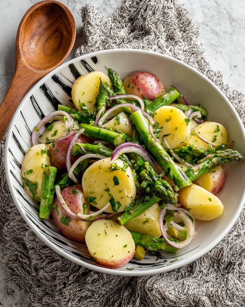 A white bowl with black abstract lines is filled with a fresh salad featuring three main layers: on the bottom, there are thick rounds of boiled red-skinned potatoes; the middle layer is bright green asparagus spears cut into pieces; and the top layer has thin, curly rings of red onion scattered evenly. Black olive slices and chopped green herbs are spread on top, adding contrast, and the salad appears lightly coated with a dressing that makes the asparagus and potatoes shine slightly. The bowl is set on a white marbled surface with textured gray and white cloths surrounding it, and a wooden spoon lies to the left side of the bowl. photo taken with an iphone --ar 4:5 --v 7