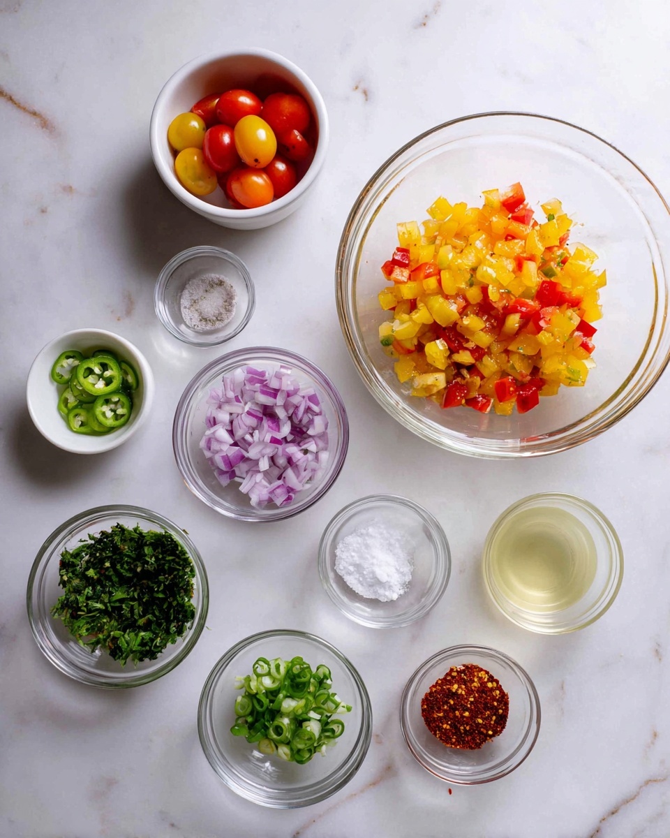 The image shows multiple small bowls with different ingredients on a white marbled surface. On the right side, there is a large clear glass bowl filled with small yellow and red diced fruit pieces. To the left, eight smaller bowls are arranged: a white bowl with red and yellow cherry tomatoes cut into halves, a clear glass bowl with finely chopped purple onions, a clear glass bowl with chopped green herbs, a clear glass bowl with round slices of green chili, a tiny clear glass bowl with green lime zest, a clear glass bowl with a pale yellow liquid, a tiny clear glass bowl with salt, and another tiny clear glass bowl with red chili powder. The items are neatly placed, showing fresh and colorful ingredients. Photo taken with an iphone --ar 4:5 --v 7