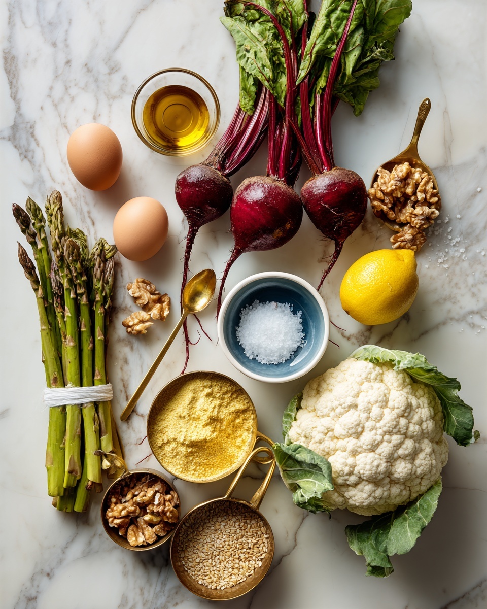 The image shows fresh cooking ingredients laid out on a white marbled surface, arranged neatly. At the center are three red beets with green tops. To the right, there is a white cauliflower with green leaves attached and a small white bowl of salt with a deep blue interior. Near the cauliflower are three brown eggs and a small glass of light brown liquid. To the left of the beets, a bunch of green asparagus tied with a white band lies beside a bright yellow lemon and a shallot. Above are two gold metal measuring cups filled with light brown flour and yellow cornmeal, a small gold cup with walnuts, a gold measuring cup with golden oil, and a small gold spoon with seeds. The colors are natural and vibrant, and the setup is clean and organized. Photo taken with an iphone --ar 4:5 --v 7