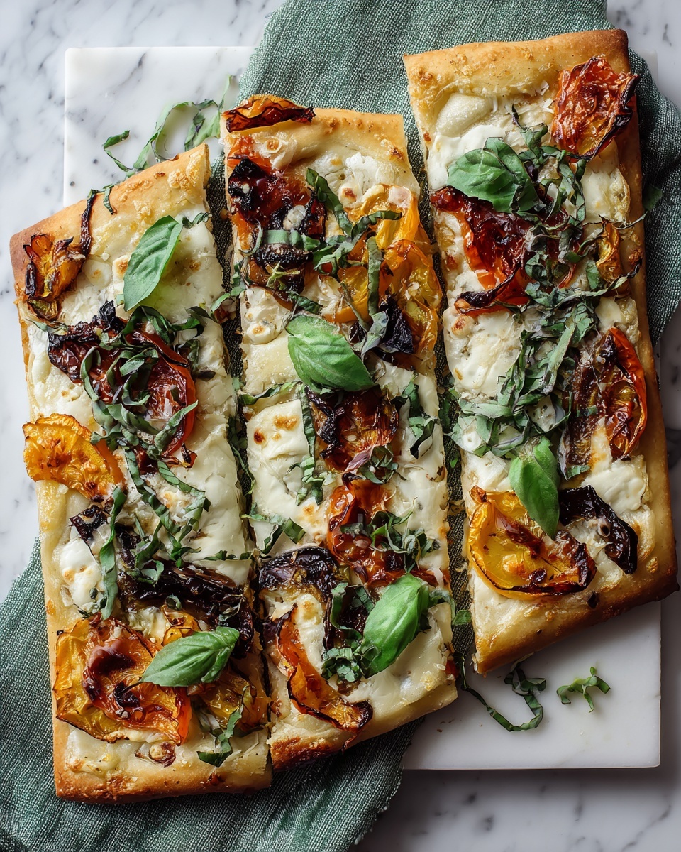 A rectangular pizza with a light golden crust sits on a white marbled surface covered partly by a green textured cloth. The pizza is sliced into three long triangular pieces. The base layer is a melted white cheese with a smooth texture. On top, there are dark red-orange roasted vegetable slices with slightly charred edges and scattered fresh green basil leaves. Photo taken with an iphone --ar 4:5 --v 7
