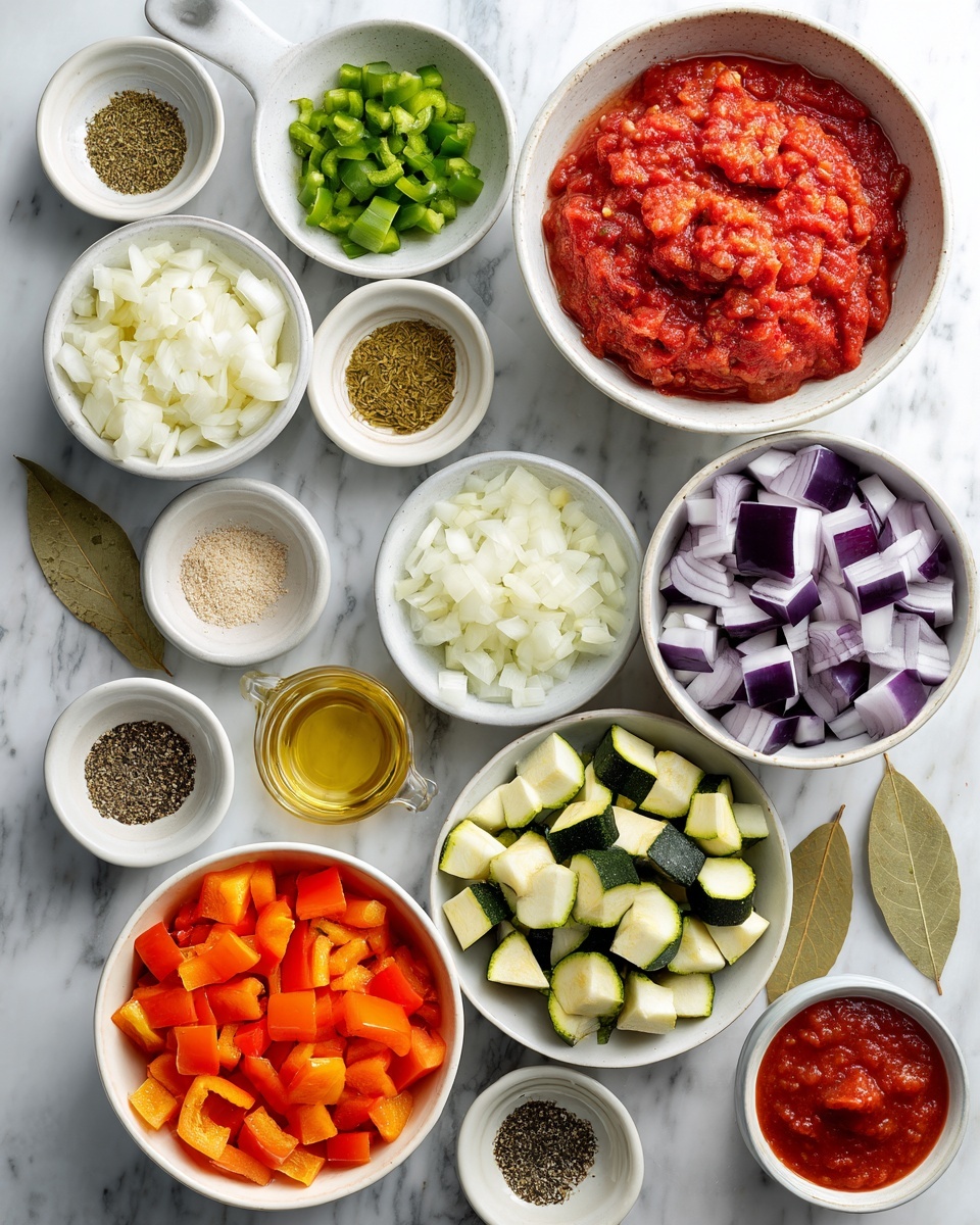 A flat lay of various fresh and dried ingredients on a white marbled surface arranged neatly in white bowls and small dishes; layers include bright red chopped tomatoes in a large bowl on the top right, next to small bowls of chopped green bell peppers and spices; another large bowl on the bottom right holds cubed eggplants with purple skin and pale centers; sliced green zucchini rounds fill a medium bowl at the center bottom; diced white onions occupy a large bowl on the left; bright orange diced bell peppers are in a small bowl near the bottom center; several small bowls hold various dried herbs, minced garlic, salt, and pepper; there are also small dishes containing olive oil, tomato paste, and red sauce positioned carefully around the bowls; a single bay leaf lays on the surface near the top right side; the whole scene is bright and colorful, showing fresh ingredients prepared for cooking photo taken with an iphone --ar 4:5 --v 7