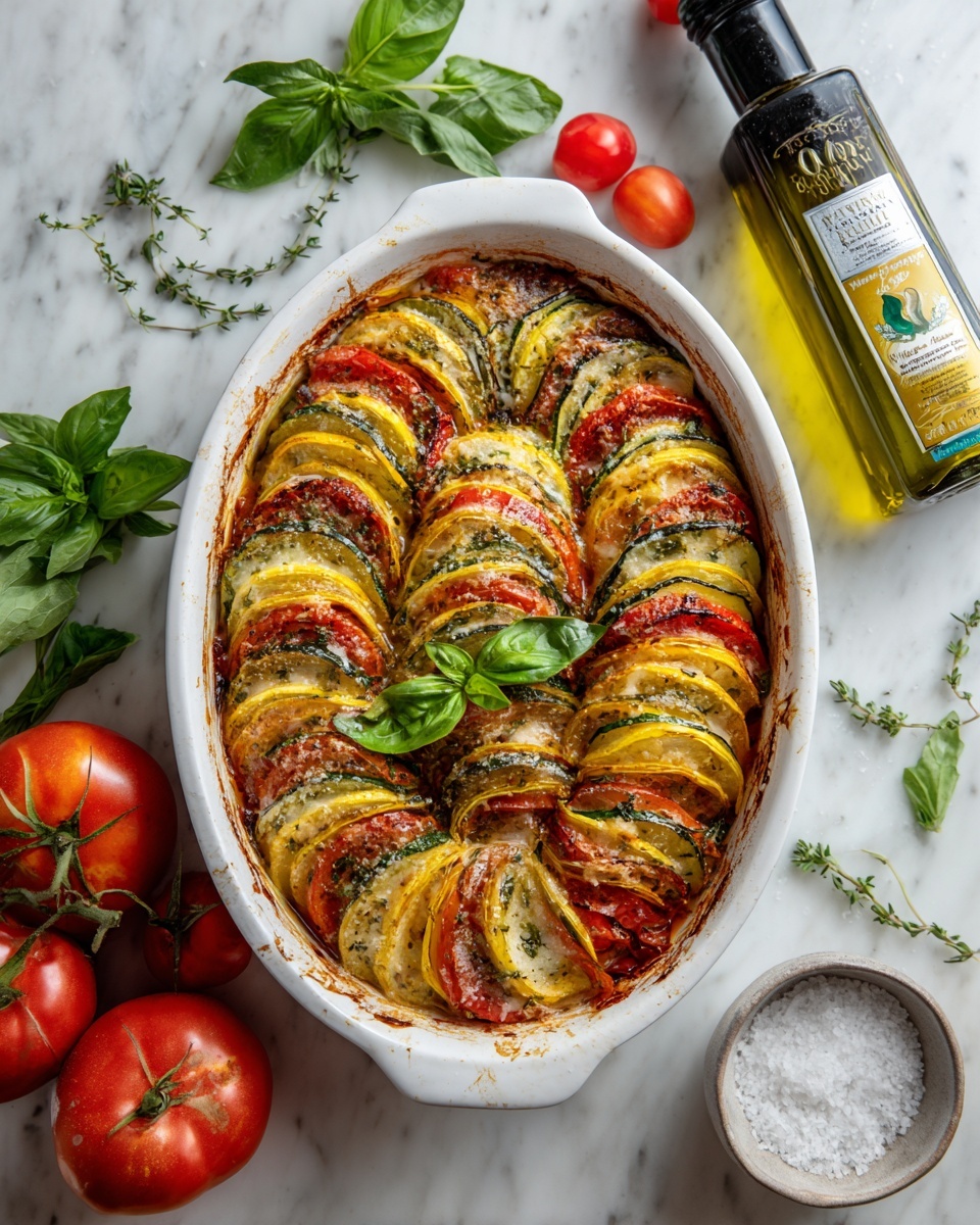The dish is a baked vegetable gratin in a white oval ceramic dish, with multiple thin layers of sliced vegetables arranged vertically in a circular pattern. The layers alternate in color and texture, featuring yellow squash, green zucchini, and red tomatoes, all topped with a baked, slightly browned tomato sauce and melted cheese. There are small spots of crispy cheese on top, and a few fresh basil leaves placed in the center as garnish. The dish rests on a white marbled surface, surrounded by fresh tomatoes, basil leaves, an herb sprig in a small white bowl with coarse salt, and a bottle of Pompeian Organic Extra Virgin Olive Oil lying nearby. Photo taken with an iphone --ar 4:5 --v 7