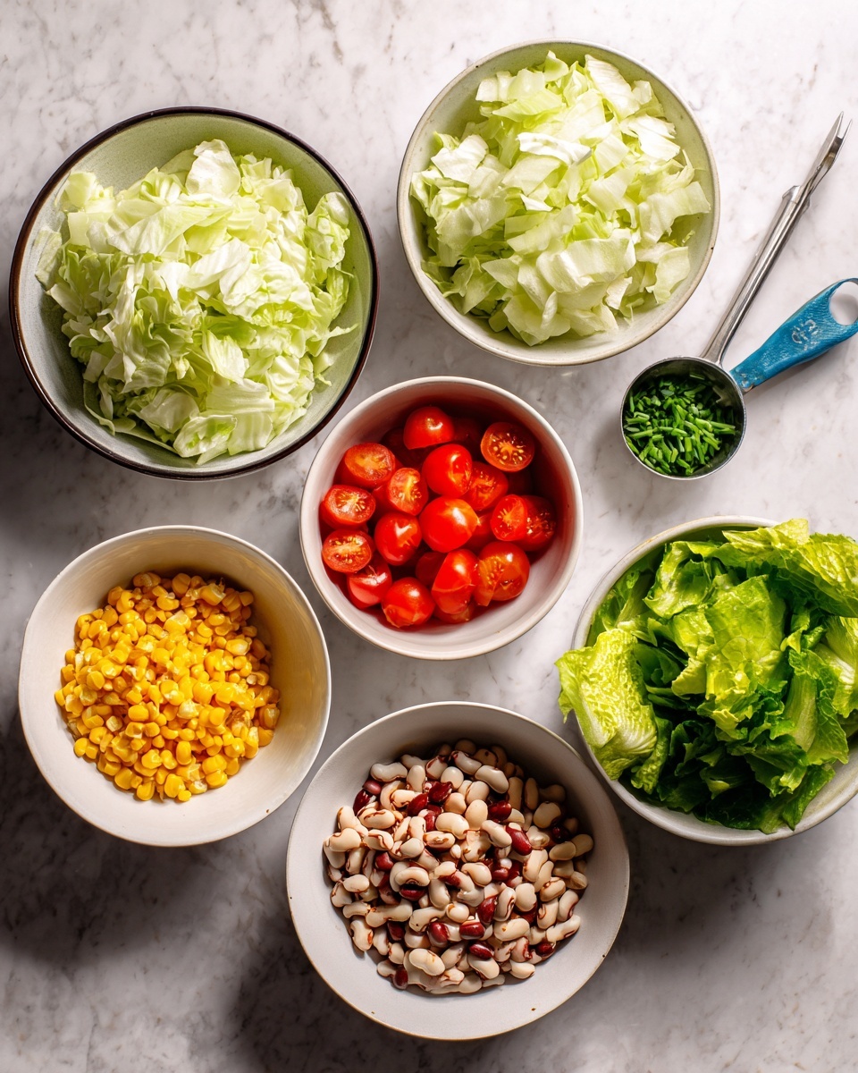 The image shows six bowls arranged on a white marbled surface, each filled with a different chopped vegetable or ingredient. Starting from the top left, there is a white bowl with a dark rim filled with light green chopped cabbage. To the right, a small metal measuring cup with a blue handle holds bright green chopped chives. Below, a plain white bowl is full of small round red cherry tomatoes. Moving downward, a white bowl contains yellow corn kernels. At the bottom center, another white bowl with a dark rim holds light brown beans with dark spots. Lastly, a bowl similar to the first contains dark green leafy lettuce, with a loose lettuce leaf placed on the surface nearby. photo taken with an iphone --ar 4:5 --v 7