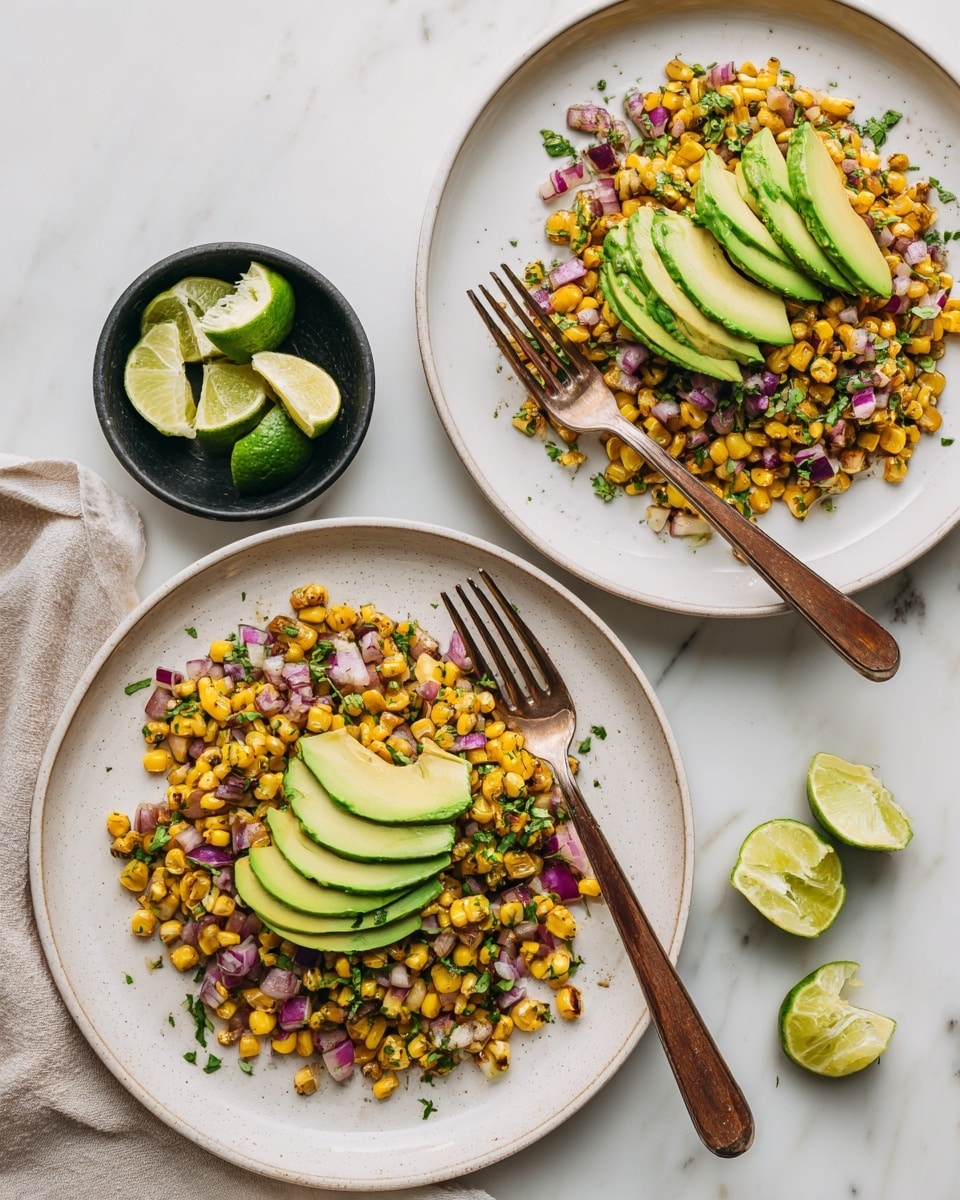 Two white plates on a white marbled surface hold a layered corn salad dish. Each plate has a base layer of roasted corn mixed with small diced red onions and chopped green herbs, giving a yellow, purple, and green speckled texture. On top of the corn mix, there are fresh slices of avocado arranged neatly in a row. Wooden forks rest inside each plate. Next to the plates, lime wedges are arranged on the surface and in a small black bowl. The setup is bright and fresh looking, with a casual and rustic feel. Photo taken with an iphone --ar 4:5 --v 7