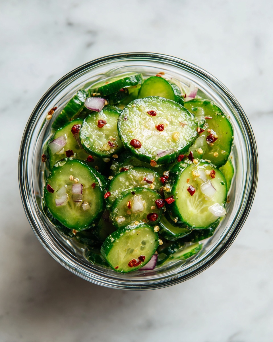 The image shows a clear glass cup filled with a cucumber salad. Inside the cup, there are several green cucumber slices with different shades of light and dark green, mixed with small pieces of white onion and bright red chili flakes. The salad looks fresh and slightly wet with a thin layer of dressing coating everything. The glass sits on a white marbled surface, and the photo is taken from above, showing the salad layers clearly. Photo taken with an iphone --ar 4:5 --v 7