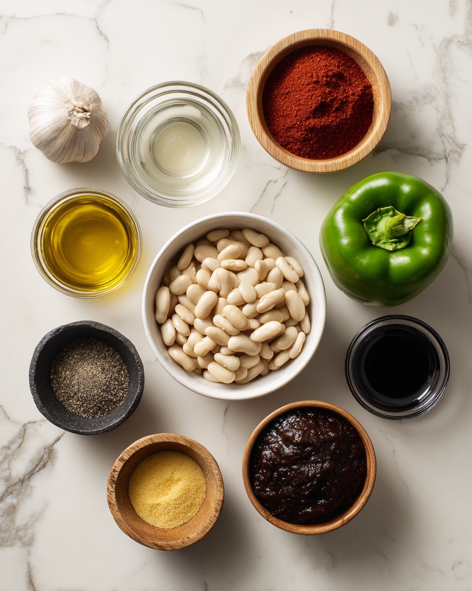 The image shows ten small bowls and a whole green bell pepper arranged on a white marbled surface. In the center is a white bowl full of white beans. Around it are various small bowls: top right has a clear liquid, above center right is the green bell pepper, below it a wooden bowl with red powder, bottom right is a glass bowl with a dark brown liquid, bottom center has a wooden bowl filled with dark brown sugar, to the bottom left a wooden bowl with black pepper, above it a small bowl of garlic powder, middle left is a black bowl with yellow mustard, top left a glass bowl of red ketchup, and top left corner a small bulb of garlic. photo taken with an iphone --ar 4:5 --v 7