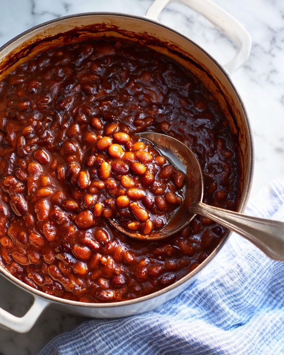 A close-up image of baked beans in a white round pot with two handles, filled with dark reddish-brown beans covered in thick sauce, some beans slightly shiny and others matte, the surface showing bubbles and slight charring around the edges; a large silver spoon is scooping some beans near the top right, resting inside the pot; the pot is placed on a white marbled surface with a folded blue and white striped cloth beside it; photo taken with an iphone --ar 4:5 --v 7