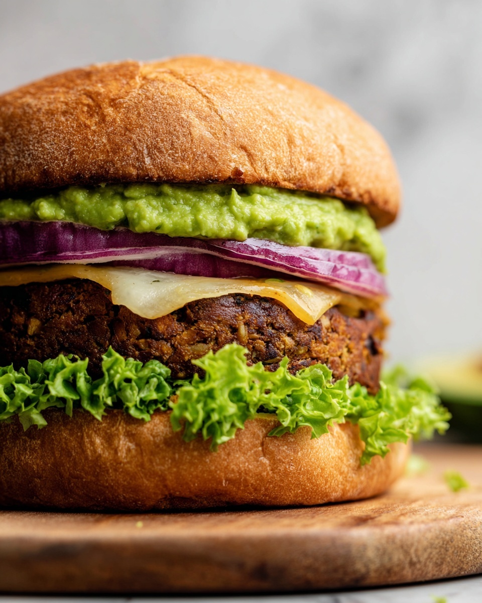 A close-up image of a delicious burger sits on a wooden cutting board against a white marbled background. The burger has five visible layers: a top light brown toasted bun with a slightly cracked texture, a thick layer of green mashed avocado spread, a glossy layer of grilled reddish-purple onion slices, a creamy light yellow slice of cheese partially melted over a dark brown, textured veggie patty with bits of lighter ingredients visible, and a fresh bright green curly lettuce leaf at the bottom. The bottom bun is also light brown and slightly toasted. photo taken with an iphone --ar 4:5 --v 7