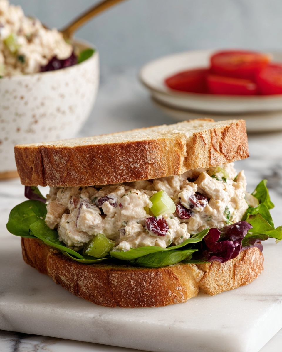 A sandwich is shown with two thick slices of toasted bread that have a golden-brown crust and a soft, airy inside. Inside the sandwich, there are two layers of fresh leafy greens with shades of green and purple at the bottom. On top of the greens, there is a large scoop of creamy chicken salad mixed with small chopped green celery sticks, red dried cranberries or cherries, and small white pine nuts or seeds. In the background, there is a white speckled bowl with more chicken salad and a white plate with sliced red tomatoes, all placed on a white marbled surface. Photo taken with an iphone --ar 4:5 --v 7