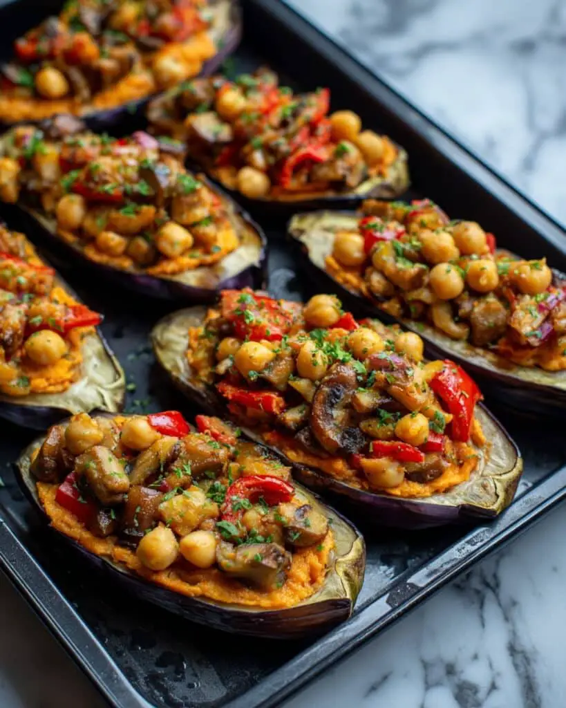 Vegan Stuffed Eggplant with Quinoa, Chickpeas, and Mediterranean Spices Recipe