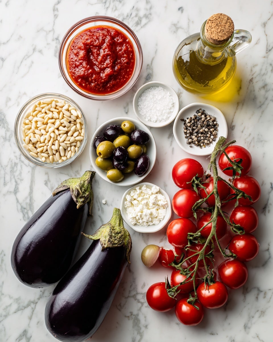 The image shows two shiny dark purple eggplants at the bottom left on a white marbled surface. To the right of the eggplants, there is a bunch of small, bright red cherry tomatoes still attached to green stems. Above the eggplants and tomatoes, there are small white bowls arranged loosely: one with green and black olives, one with white grated cheese, one with white salt, and one with black pepper. There is also a clear glass bowl filled with small light yellow pine nuts near the left middle. At the top left, there is a larger clear glass bowl holding a red liquid, likely tomato sauce, next to a tall glass bottle with a cork, filled with yellow olive oil. At the bottom right corner, there is a small clear container with a dark liquid, probably balsamic vinegar. All ingredients are placed on a white marbled surface with bright natural light. Photo taken with an iphone --ar 4:5 --v 7