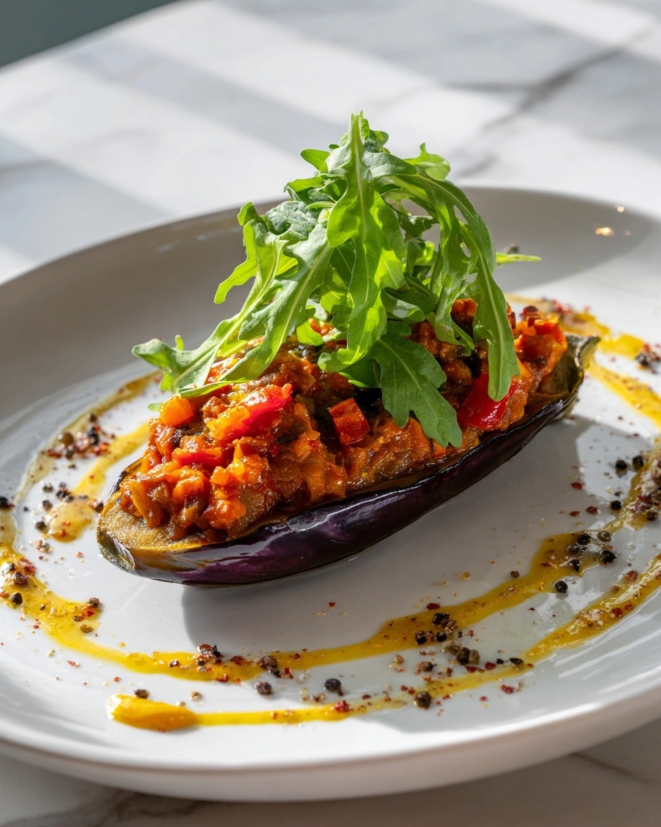 The dish shows a white plate with a stuffed eggplant as the main focus. The eggplant is cut in half lengthwise, with its skin dark purple and shiny. It holds a chunky mixture of red and orange vegetables, likely cooked tomatoes and peppers, covering the inside fully. On top of the stuffed eggplant, there is a small pile of fresh, bright green arugula leaves, adding height and contrast. Around the eggplant on the plate, there are artistic drizzles of a mustard-yellow sauce and small dots of dark seasoning, making a decorative pattern. The background surface is a white marbled texture, and the lighting creates soft shadows that add depth. photo taken with an iphone --ar 4:5 --v 7