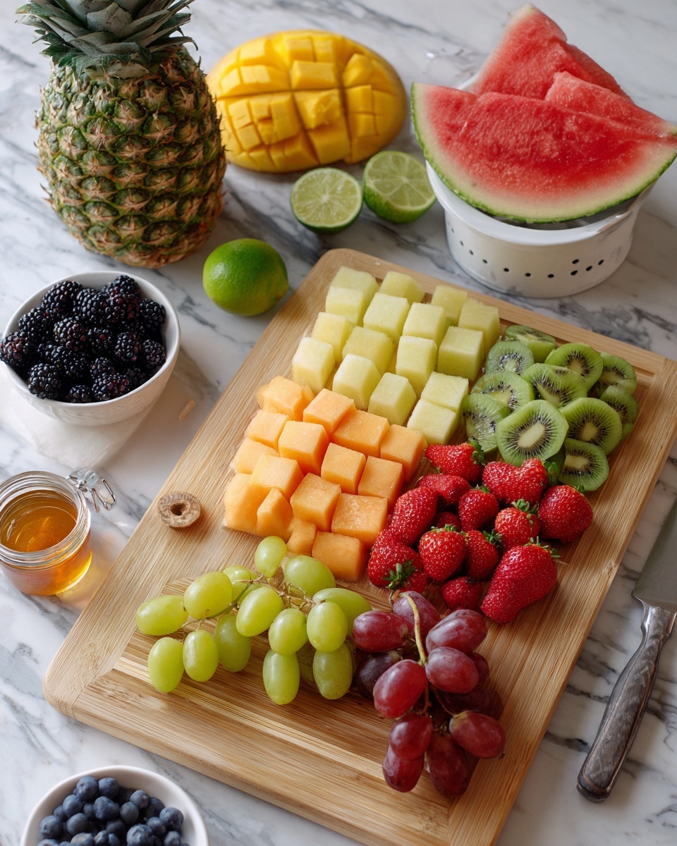 The image shows a light wooden cutting board on a white marbled surface, filled with various fresh fruits. On the board, there are cubes of cantaloupe and watermelon in the center, sliced kiwi pieces and quartered strawberries to the right, and a mix of green and red grapes at the bottom right. Behind the board, a halved watermelon and a halved cantaloupe are placed on the surface. To the left side, a whole pineapple stands upright. A mango and three limes are near the center of the image. On the right side, there is a white colander filled with bright red strawberries placed at the back, and two small white bowls; one with blueberries and one with mixed blackberries and raspberries. A small jar of honey is near the mango, with a knife laying flat on the surface beside the board. The photo taken with an iphone --ar 4:5 --v 7