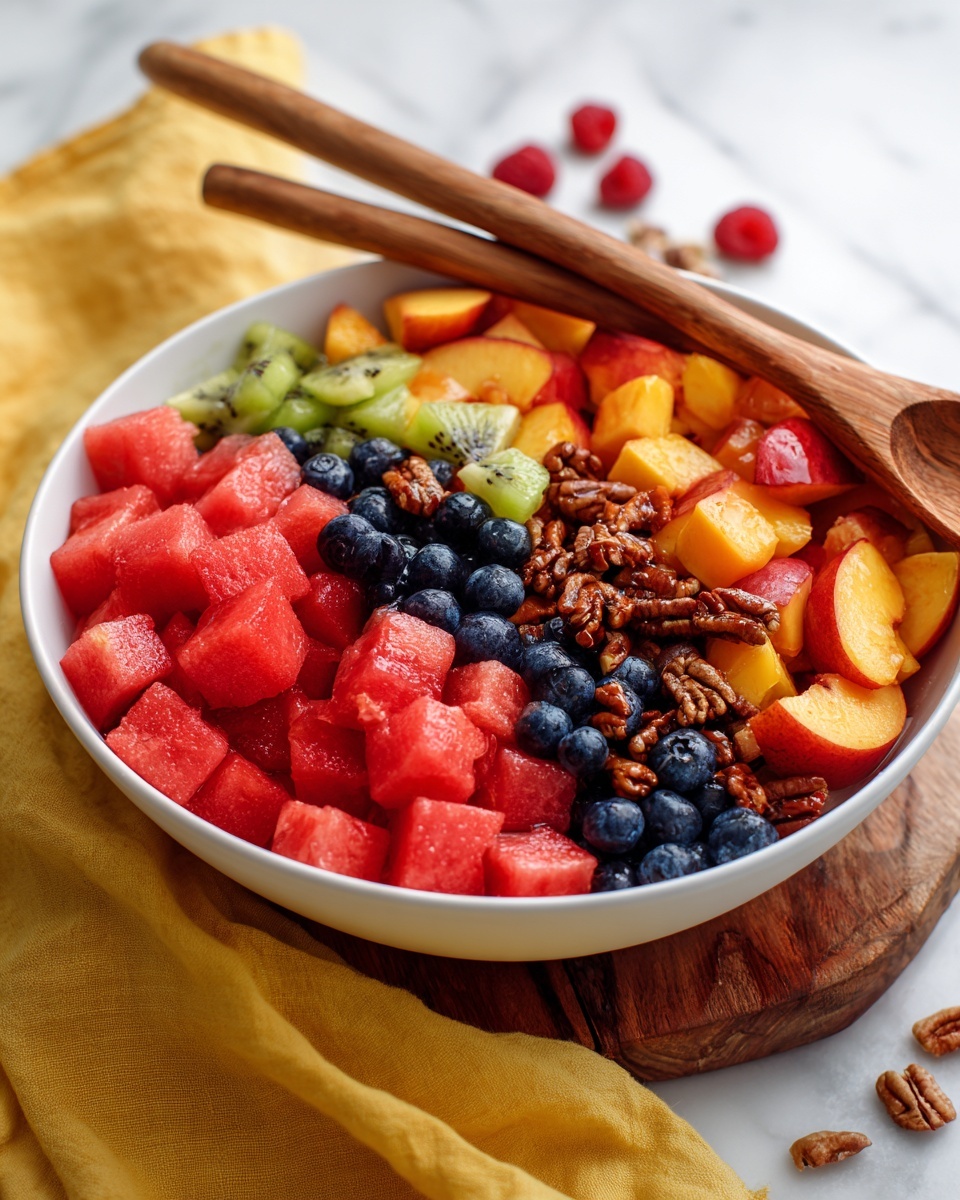 A white bowl filled with a colorful fruit salad showing three main layers: bright red watermelon cubes forming the largest layer, juicy orange peach pieces scattered evenly on top, and small dark blueberries spread throughout for contrast. There are tiny green kiwi bits mixed in, adding a fresh touch. Some candied pecans are sprinkled over, giving a crunchy look. Two wooden spoons rest inside the bowl on the left side. The bowl is placed on a wooden surface with a yellow cloth nearby. The background has a white marbled texture. photo taken with an iphone --ar 4:5 --v 7