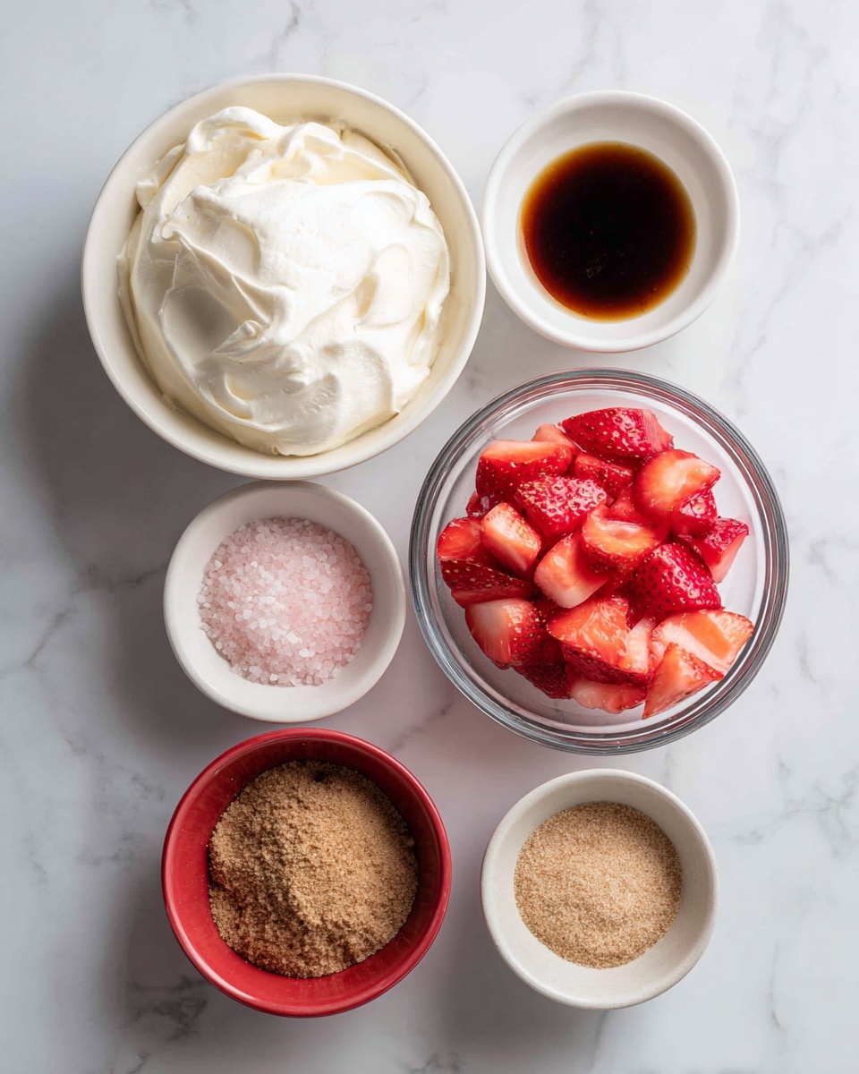 The image shows five small bowls placed on a white marbled surface. The top bowl contains thick white cream with a smooth texture and soft peaks. Below it, slightly to the left, is a white bowl with a small amount of dark brown vanilla extract. To its right, a clear glass bowl holds a mix of chopped strawberries in bright red with some juice visible, showing a chunky texture. To the left of the strawberries is a white bowl filled with light pink salt crystals. Lastly, above the salt and to the left of cream, a red bowl is filled with fine brown sugar, showing a granular texture. photo taken with an iphone --ar 4:5 --v 7