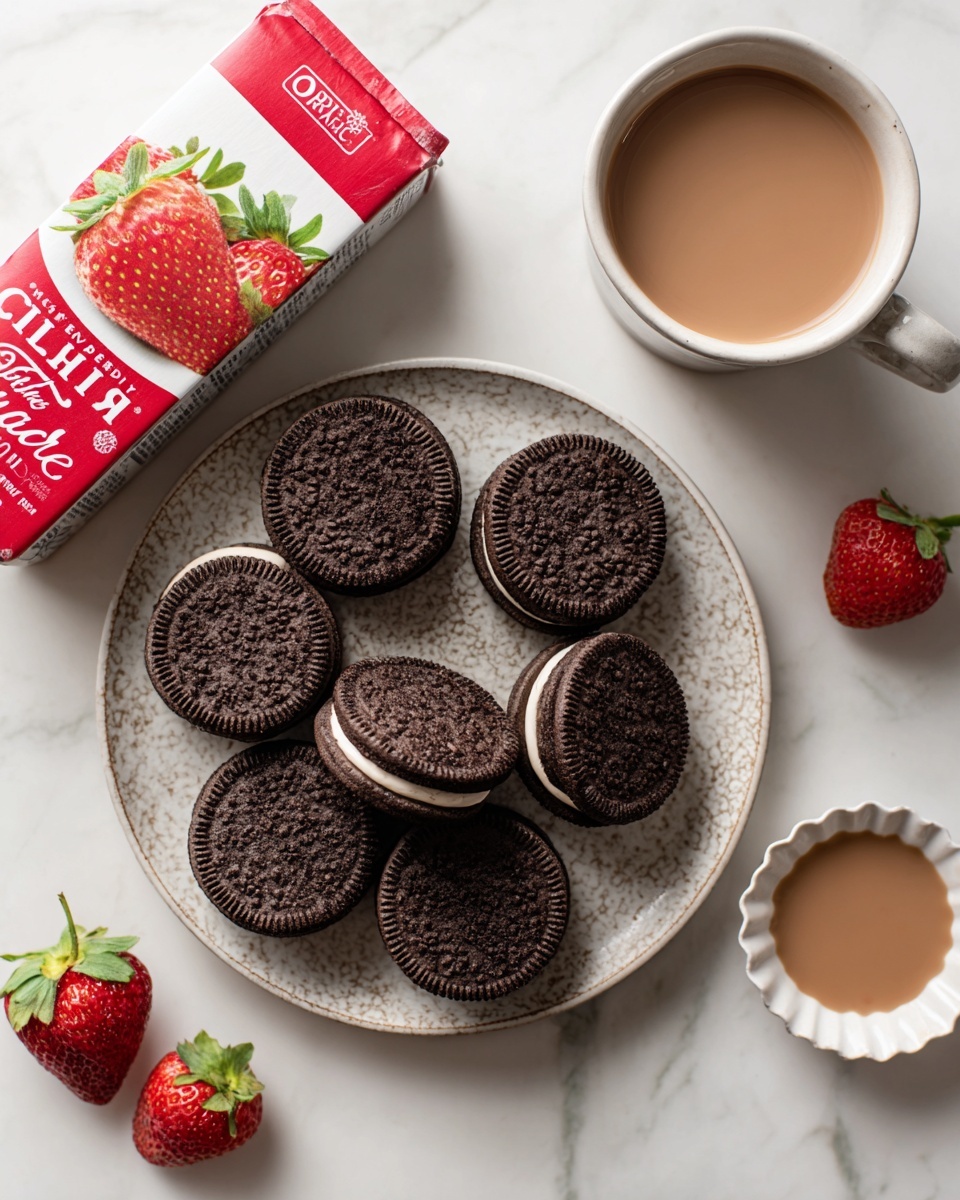A top-down view of several dark chocolate sandwich cookies arranged in a neat pile on a white plate with a textured rim, sitting on a white marbled surface. Nearby, a tilted can of sweetened condensed plant milk lies next to a red and white carton of country crock plant cream with strawberries pictured on the bottom. To the right, a small white scalloped dish contains a small amount of light brown liquid, all evenly spaced around the plate. photo taken with an iphone --ar 4:5 --v 7