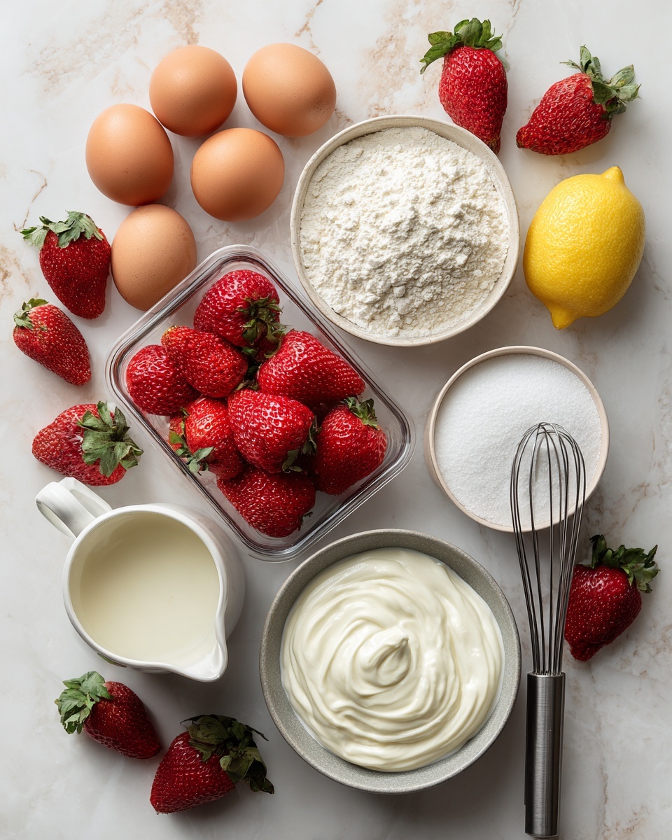 The image shows a white marbled surface with different baking ingredients spread out evenly. There is a clear plastic container with bright red strawberries in the center, around which whole brown eggs are placed on the left. At the top right, there is a full white bowl of flour with a coarse texture. A lemon with a bright yellow peel is on the right side. Below the flour, there is a white bowl filled with white powdery sugar next to a metal whisk. On the bottom left, a white pitcher with cream is visible, and next to it, a small grayish-white bowl contains thick white cream with swirled texture. Scattered fresh strawberries with green leaves are spread around the surface. The photo taken with an iphone --ar 4:5 --v 7
