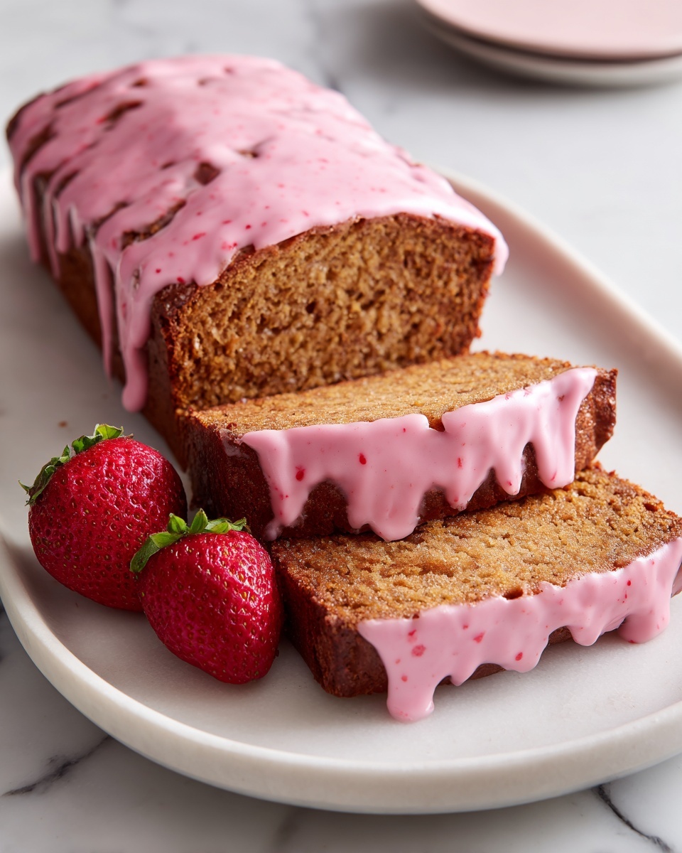 A brown loaf with a rough texture is sliced into thick pieces, laid on a white plate with a white marbled surface underneath. The loaf is covered with a smooth pink icing that has small red specks, dripping gently across all the slices. To the side of the loaf, two ripe, bright red strawberries with green leafy tops add a fresh pop of color. Photo taken with an iphone --ar 4:5 --v 7