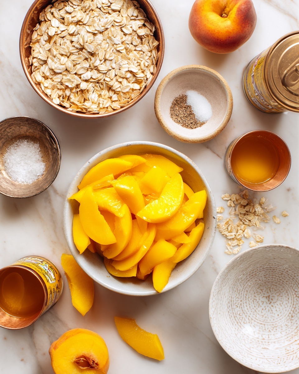 A white bowl filled with bright yellow peach slices sits in the center on a white marbled surface. Around it, there is a copper bowl full of light brown rolled oats at the top, a small white bowl with salt and brown spices on the right, and a white patterned bowl with a light liquid at the bottom right. There are also three small copper cups with different light brown and golden liquids, scattered oats, and two cans of Libby’s peach slices leaning on their sides, one near the bottom and one near the top right. Photo taken with an iphone --ar 4:5 --v 7