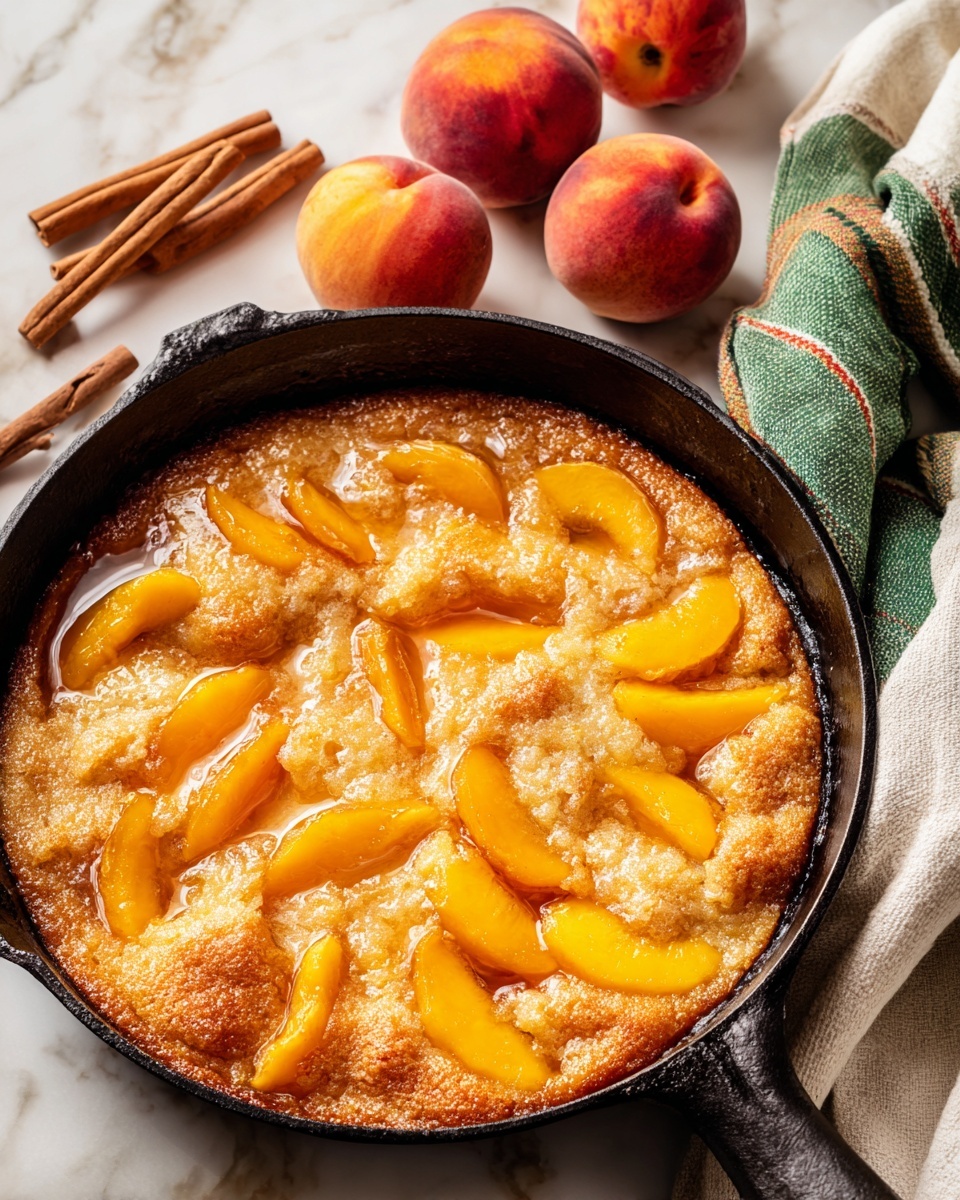 A close-up view of a round peach cobbler in a black cast iron skillet, filled with soft, bright orange peach slices covered in a shiny, golden syrup, surrounded by a thick, crumbly golden-brown crust that folds unevenly over the fruit around the edges. Next to the skillet, three whole peaches with reddish-orange skin and soft yellow patches are placed on a white marbled surface with three cinnamon sticks arranged casually nearby. A folded white cloth with green and brown stripes is partially visible on the right side. The scene is bright and warm, photo taken with an iphone --ar 4:5 --v 7
