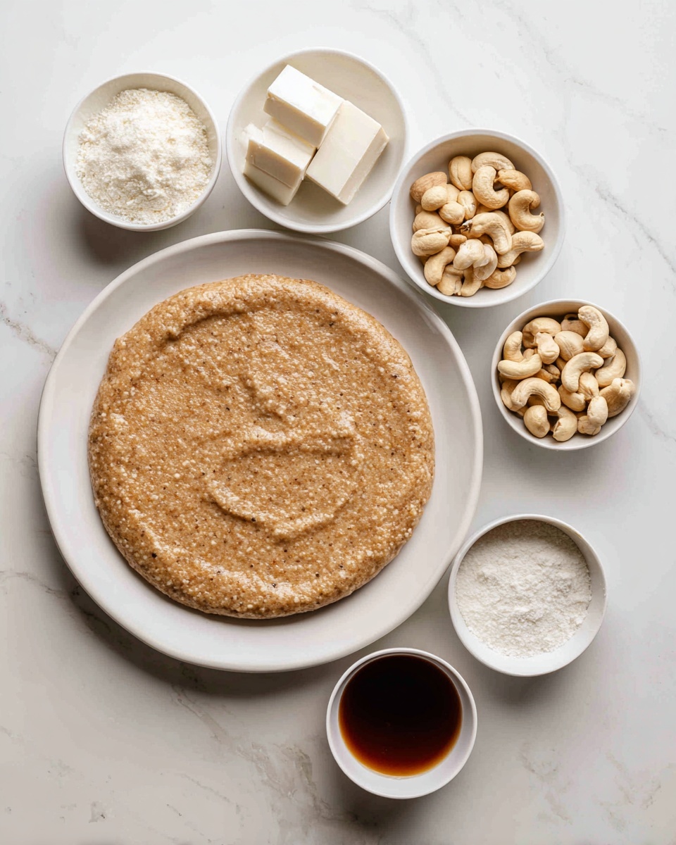 The image shows a white plate with a thick, brown, grainy flat dough spread evenly to the edges. Around it, there are seven small white bowls containing different ingredients: two rectangular white blocks in one bowl, a white creamy substance in another, a powdery white ingredient in the next, some whole cashew nuts, white sugar, a dark brown liquid, and a small bowl with a white granular substance. All items are arranged neatly on a white marbled surface. photo taken with an iphone --ar 4:5 --v 7