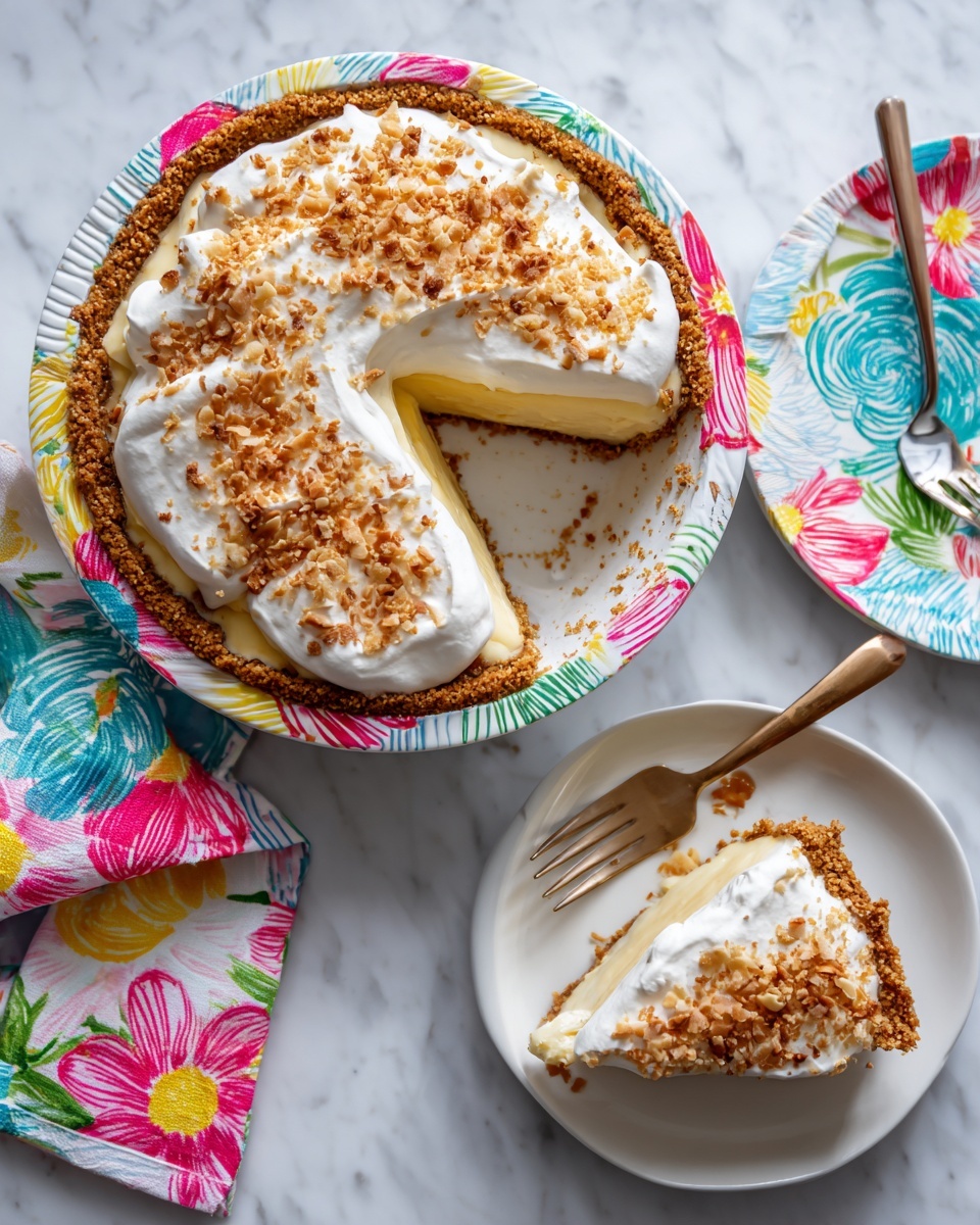 A pie with a golden brown crust is shown from above on a white plate with colorful floral and striped patterns inside. The pie has two layers: a thick pale yellow filling and a thick white whipped topping sprinkled with toasted light brown flakes. A large slice is missing from the pie, placed on a plain white plate below with the same two layers visible. The setting is on a white marbled surface with a colorful cloth napkin featuring bright pink, blue, and yellow flowers near the plates. A bronze-colored fork rests next to the slice on the white plate. photo taken with an iphone --ar 4:5 --v 7