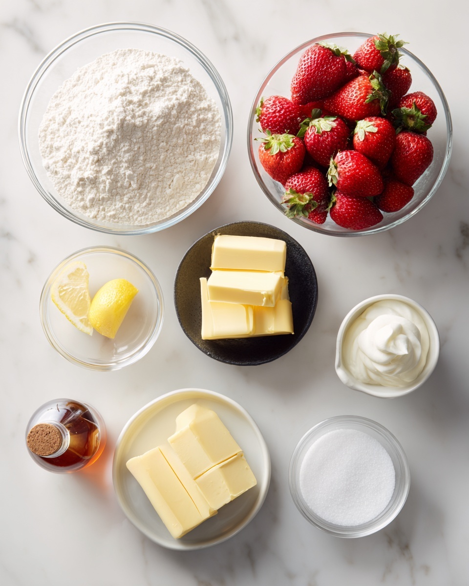 A top-down view of several clear glass bowls and small white dishes arranged neatly on a white marbled surface. One large clear glass bowl is filled with white flour. Another clear glass bowl contains bright red strawberries with green leaves. A small black bowl holds blocks of yellow butter, and next to it is a small yellow lemon wedge. A small white bowl is filled with white sugar, and another bowl contains white salt. There is a small container filled with white cream and a small bottle of vanilla extract with a brown label. The colors are soft and natural with red, white, yellow, and brown tones, creating a clean and fresh look. photo taken with an iphone --ar 4:5 --v 7